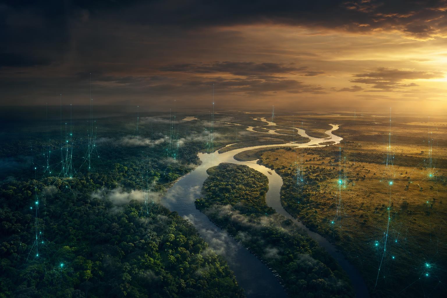 Floresta amazônica vista do alto ao entardecer com partículas luminosas representando inteligência territorial